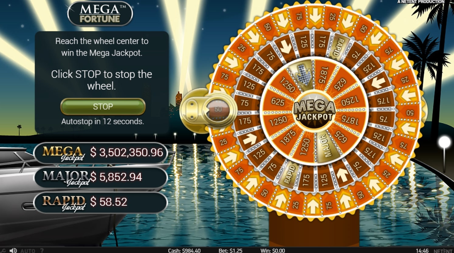 Screenshot from the wheel bonus round of Mega Fortune