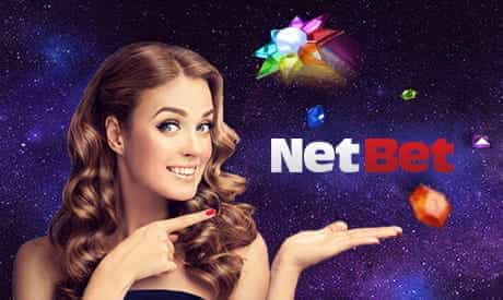 NetBet logo and a woman pointing to it