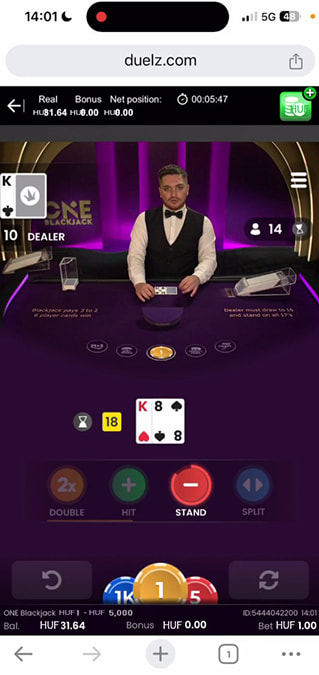 Képernyőkép a One Blackjack játékból Magyarországon tesztelve