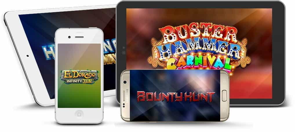 Various ReelPlay titles on mobile and tablet devices.