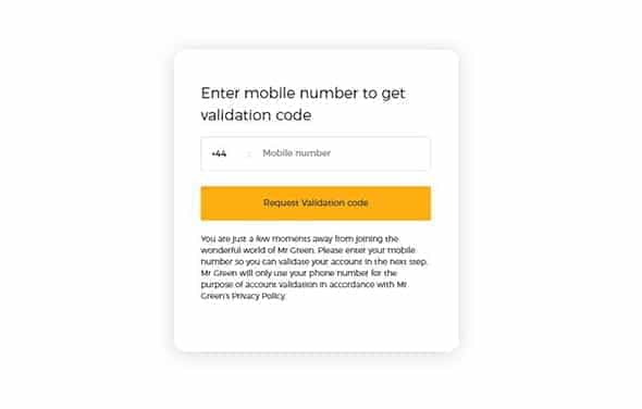 The sign-up form at an online casino, asking for mobile verification.