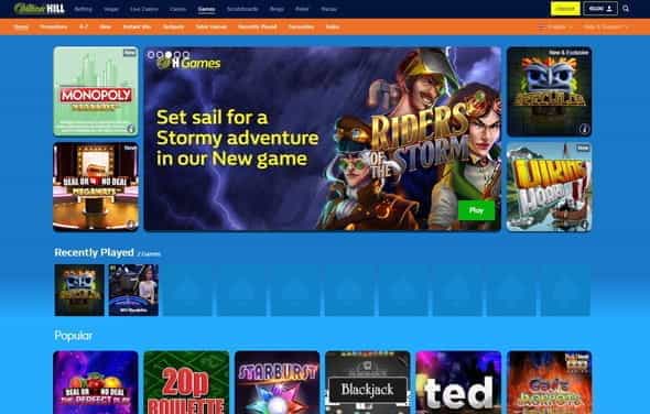 A casino home screen with a selection of games