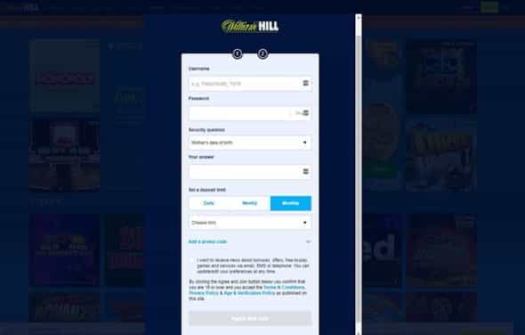 A casino player account registration form asking for personal information