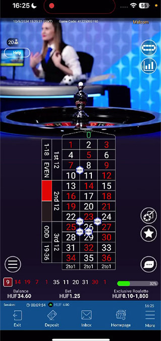 Képernyőkép a Roulette Live játékból Magyarországon