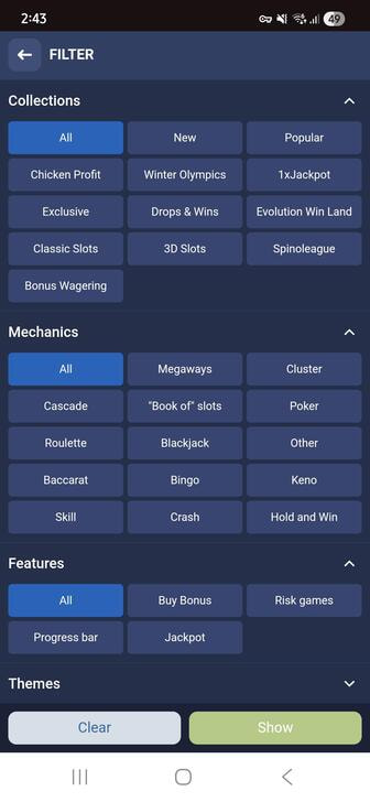 1xBet Slot Feature Filters