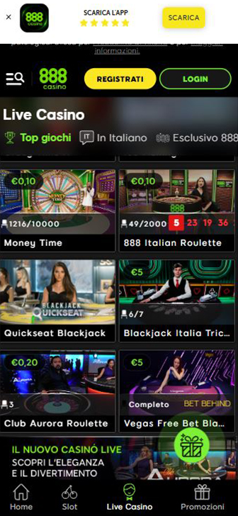 La schermata del casinò live di 888casino da app con le preview dei giochi e l'indicazione delle puntate minime dei tavoli.