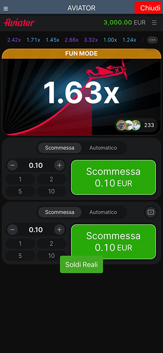La schermata del quick game Aviator per dispositivi mobile.
