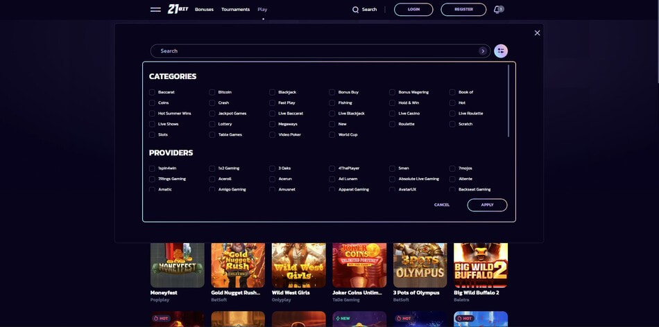 Advanced game filter menu at 21bit Casino