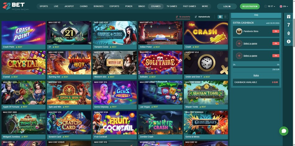 The 22Games exclusive slots and table games at 22Bet in Nicaragua