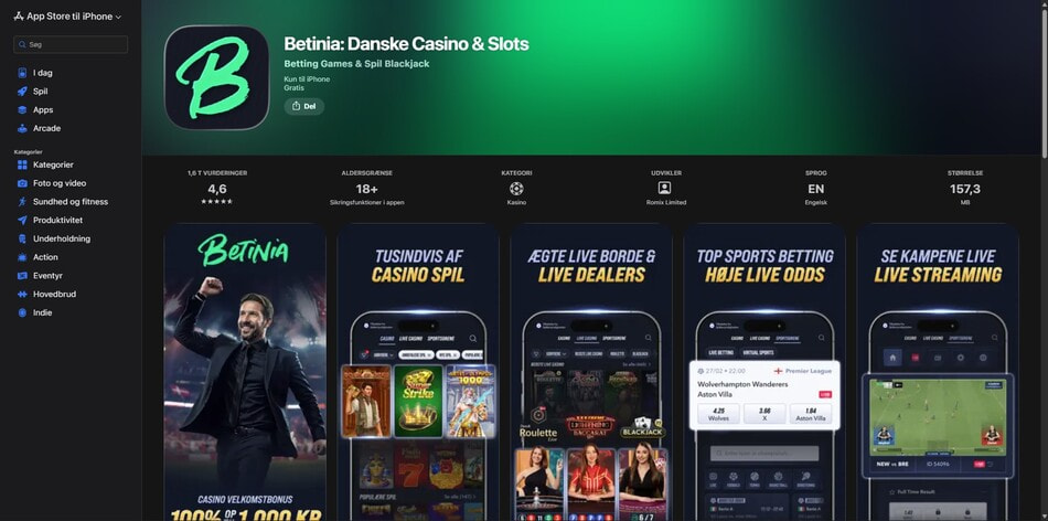 Betinia casino app on the App Store showing a 4.6 rating