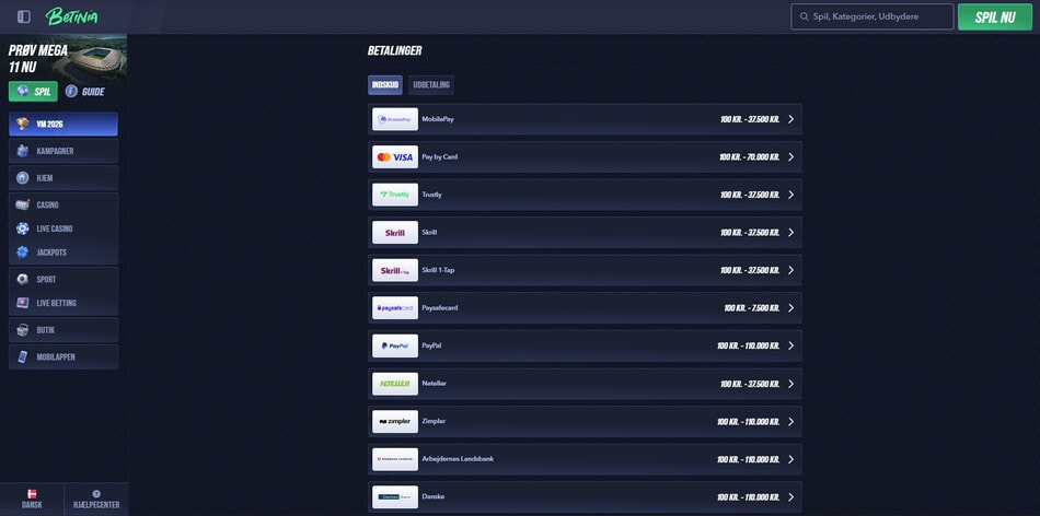 Deposit methods available at the Betinia online casino in Denmark
