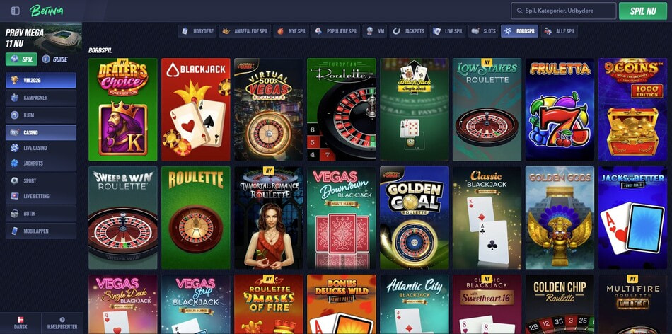 RNG table games section at Betinia with blackjack, roulette, and video poker