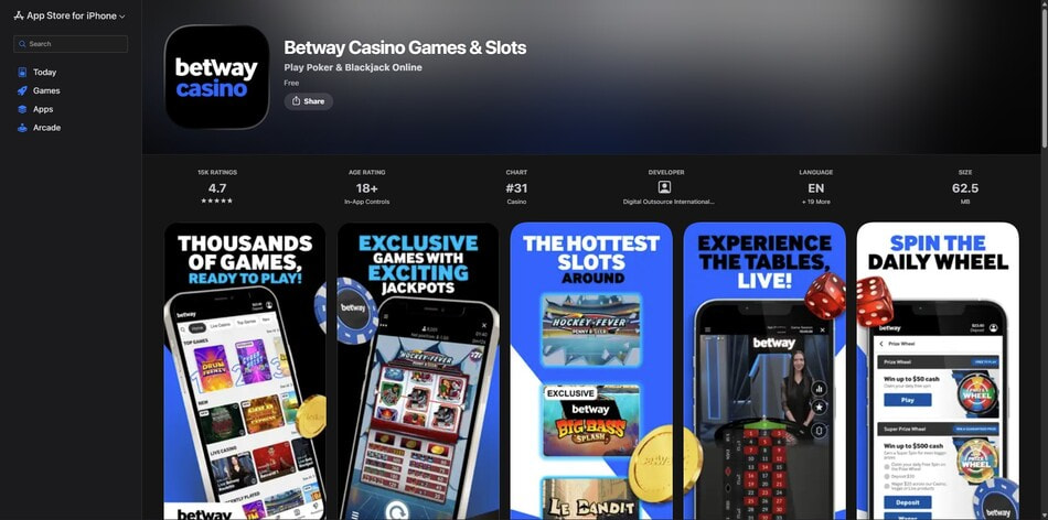 Betway Casino Games & Slots app on the App Store showing a 4.7 rating from 15,000 reviews