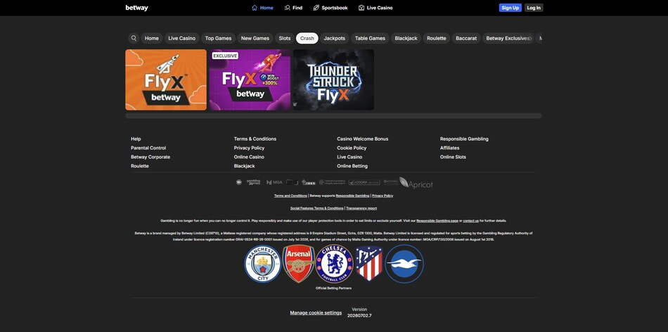 Crash games section at the Betway online casino in Ireland