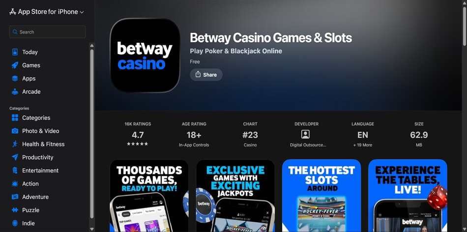 The Betway casino app rating on the iOS App Store
