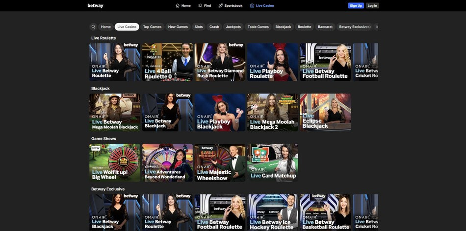 Betway live casino lobby in Ireland showing branded OnAir tables