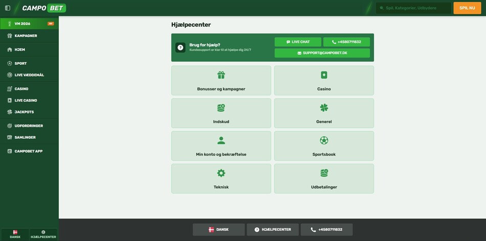 CampoBet's help center shows live chat, phone, and email support