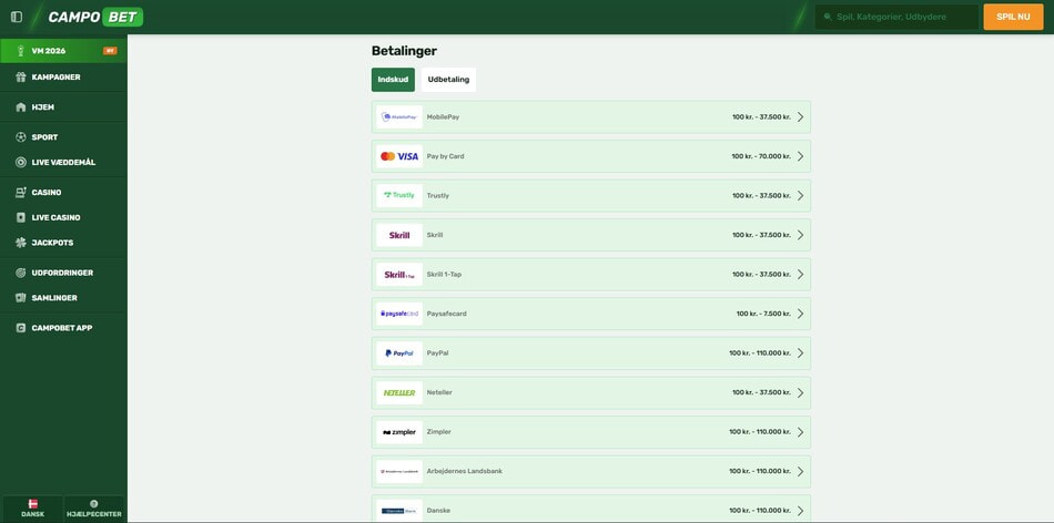 Deposit methods available at the CampoBet online casino in Denmark