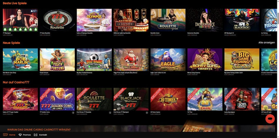Casino777 game lobby showing exclusive games
