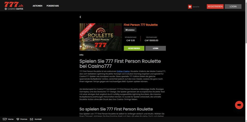 First Person 777 Roulette game page displaying the minimum and maximum stake information