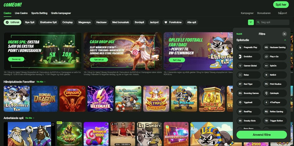 Game studio filter at the ComeOn! online casino in Denmark