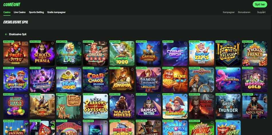 Exclusive games section at ComeOn! casino