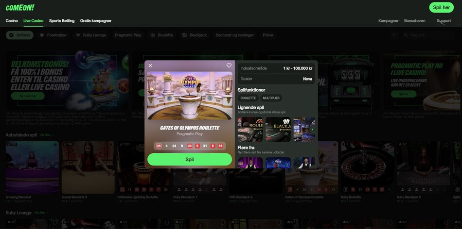 Gates of Olympus Roulette info card at ComeOn! showing the table limits