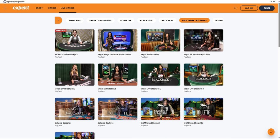 Live From Las Vegas tab at Expekt with tables streamed from Vegas casinos