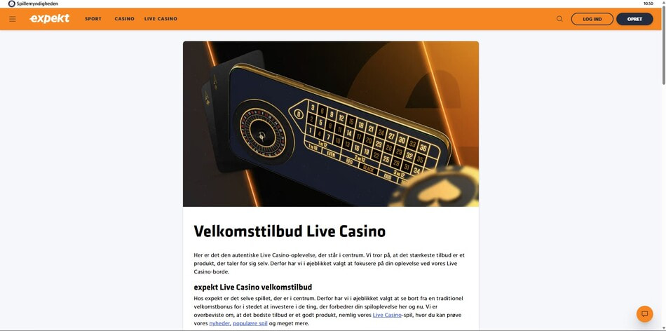 Expekt live casino welcome offer page