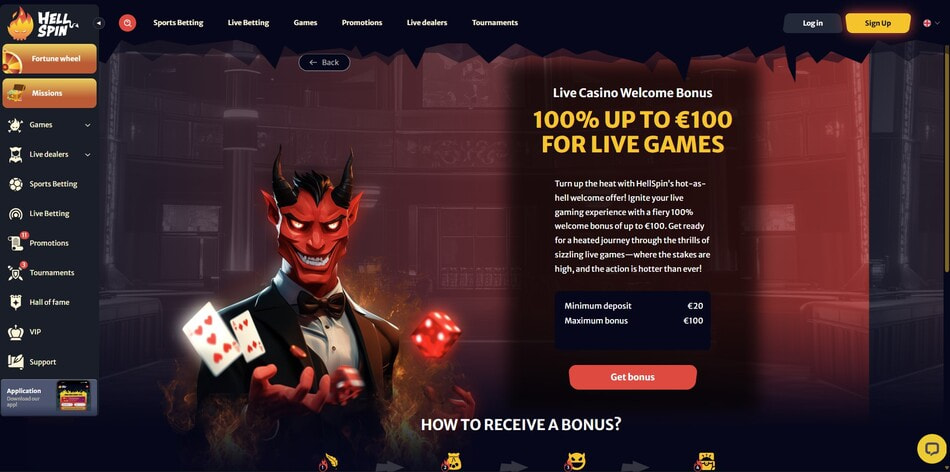 HellSpin's live casino welcome bonus