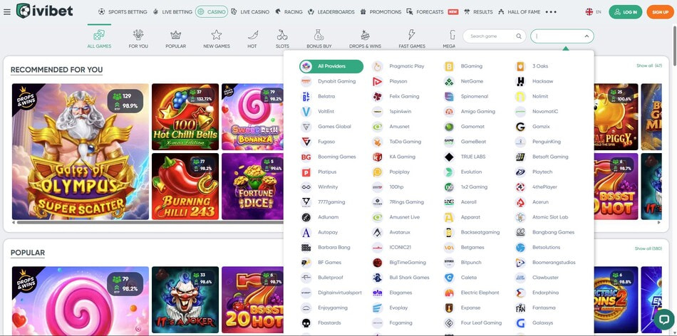 The game provider filter list at the Ivibet online casino in Croatia