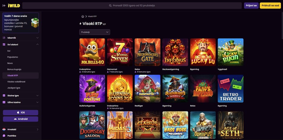 The High RTP slots category at iWild Online Casino in Croatia