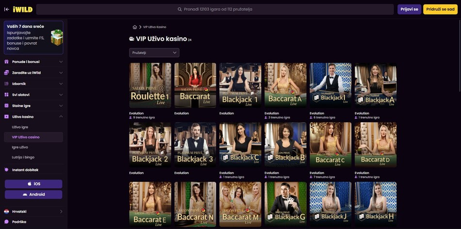The VIP live casino games at iWild Online Casino in Croatia