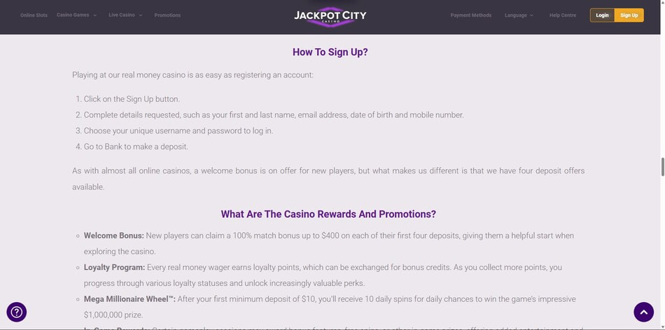 JackpotCity beginner guide section