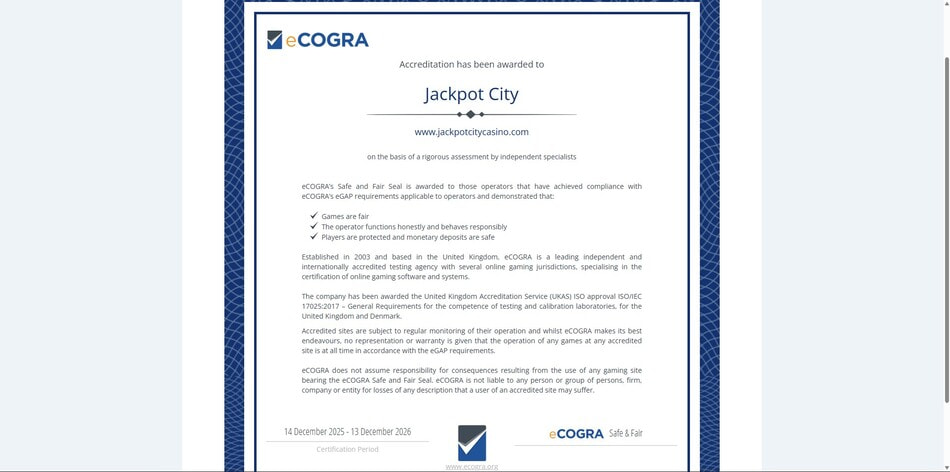 eCOGRA Safe and Fair accreditation certificate awarded to Jackpot City