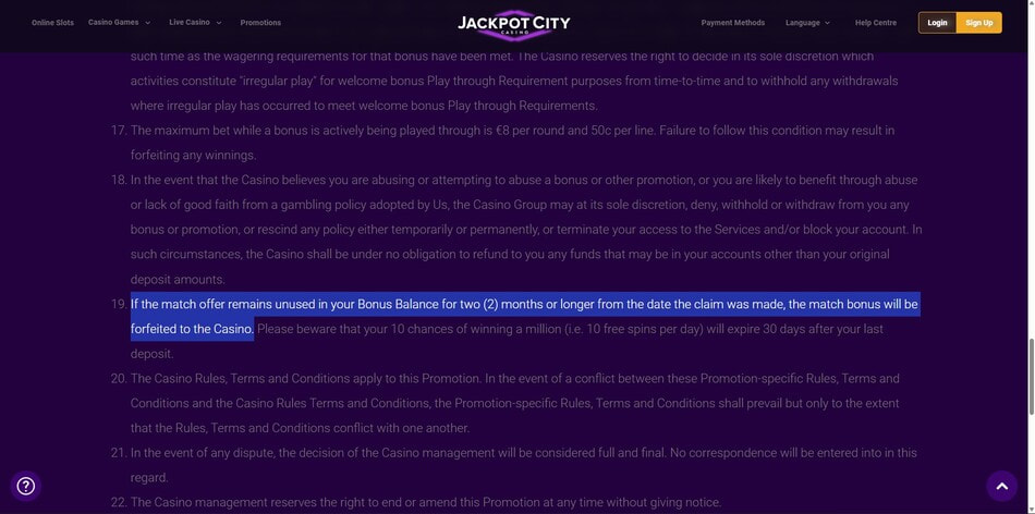 JackpotCity casino bonus terms and conditions