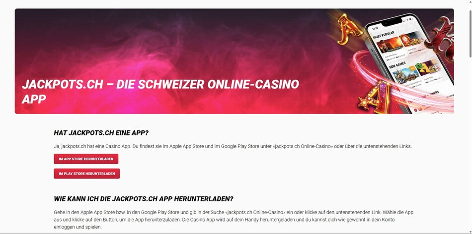 jackpots.ch app promotion page with download links for the Apple App Store and Google Play Store