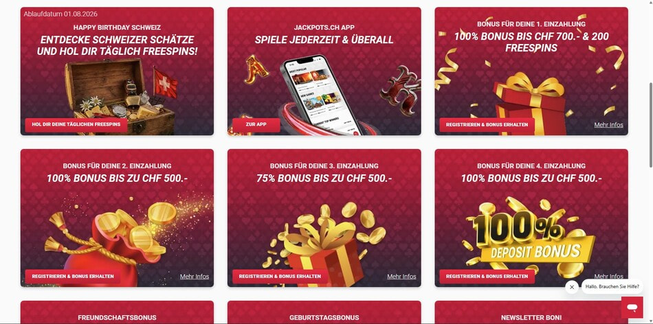 jackpots.ch bonus page showing the deposit bonuses for the first four deposits