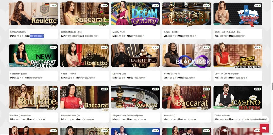Live casino lobby at jackpots.ch showing roulette and baccarat tables with their betting limits