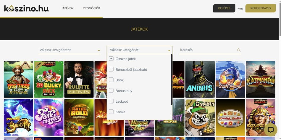 The game features and developer filters at Kaszino.hu