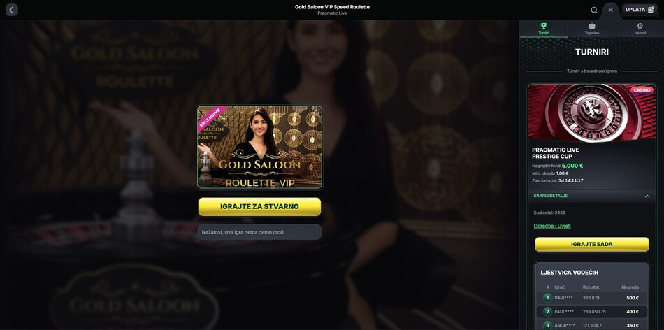 The exclusive Gold Saloon VIP Speed Roulette by Pragmatic Live at KinBet in Croatia