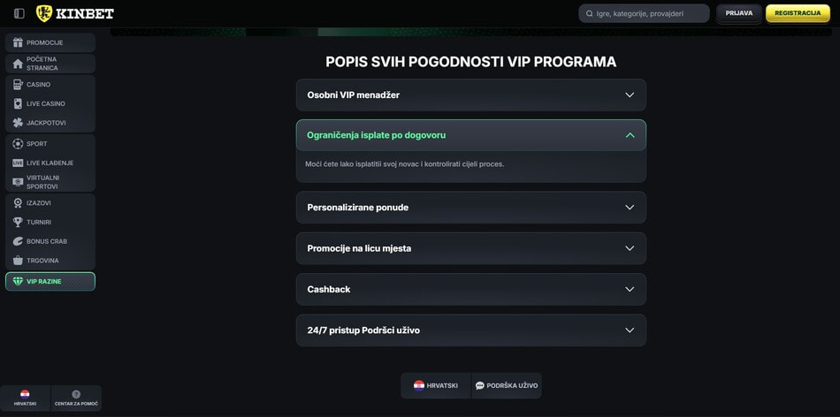 KinBet's VIP program perks in Croatia showing higher withdrawal limits