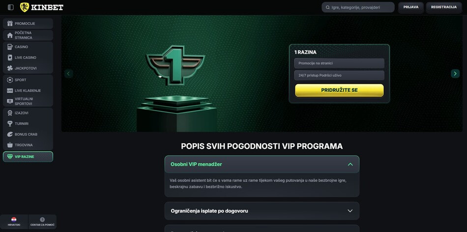 The VIP program benefits page at KinBet in Croatia highlights the personal VIP manager