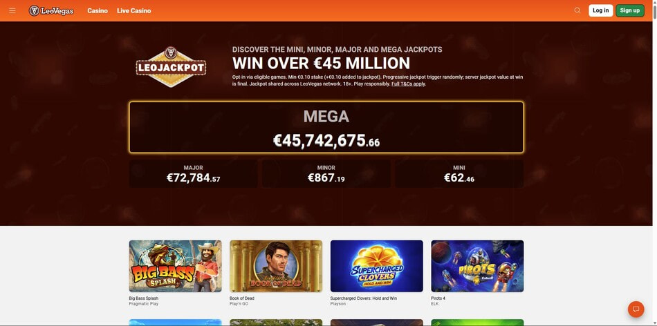 LeoJackpot page at LeoVegas displaying the Mini, Minor, Major and Mega progressive jackpot tiers