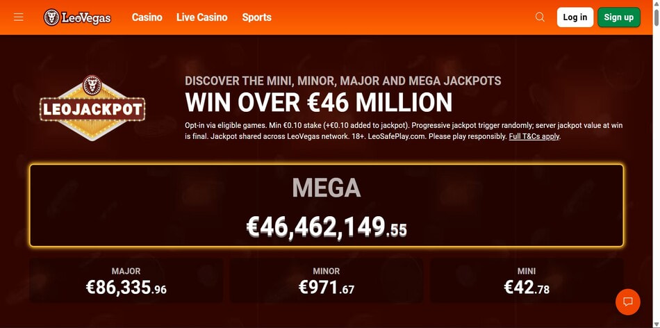 LeoJackpot page at LeoVegas displaying the Mini, Minor, Major, and Mega progressive jackpot tiers