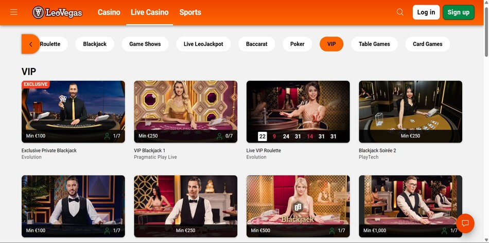 The VIP live casino lobby at LeoVegas