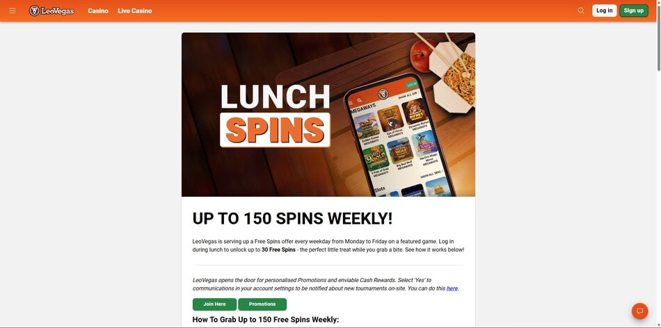 LeoVegas Lunch Spins promotion page offering up to 150 free spins weekly