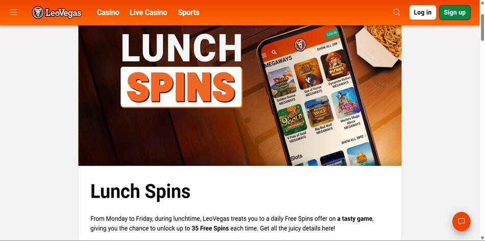LeoVegas Lunch Spins promotion page offering up to 150 free spins weekly