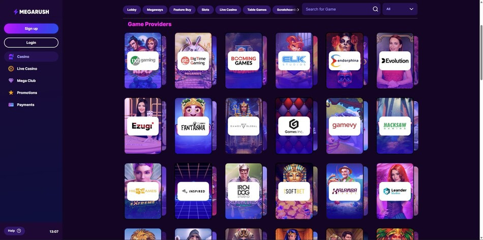 The game providers page at MegaRush casino listing developers