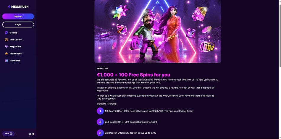 MegaRush welcome package page showing three deposit offers